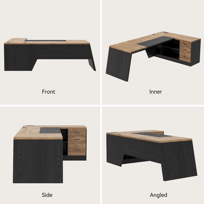 Epecoya L-Shaped Executive Desk with Drawer, Large Modern Home Office Desk with Cord Hold and Power Outlet, Big Wooden Business Furniture with Lateral File Cabinet for CEO Boss, Oak Black