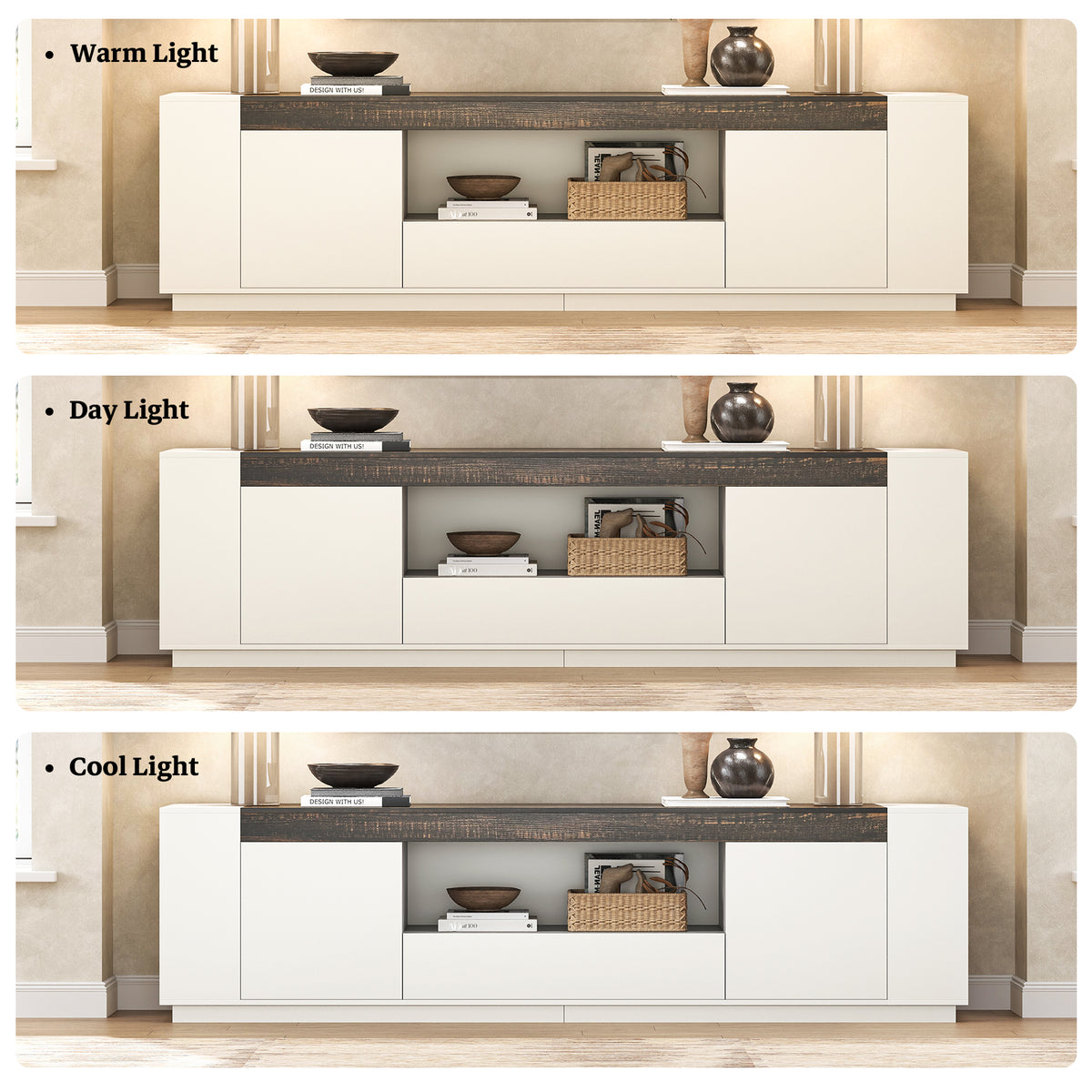 78.7-Inch Modern TV Console for Living Room, White & Brown Long TV Stand with Drawers and Open Shelf, White Entertainment Center with Brown Top for 85 Inch TV