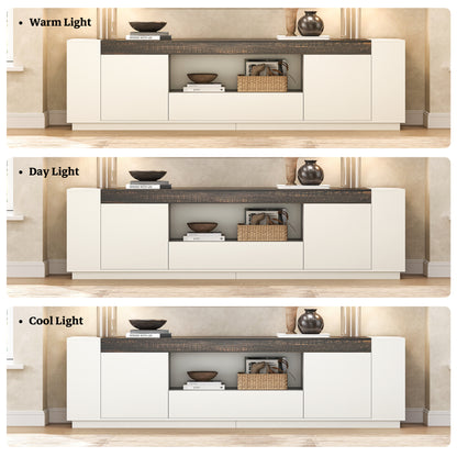 78.7-Inch Modern TV Console for Living Room, White & Brown Long TV Stand with Drawers and Open Shelf, White Entertainment Center with Brown Top for 85 Inch TV