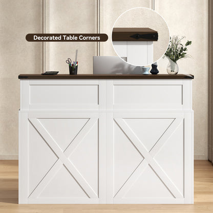 47-Inch Reception Desk with Counter, Modern Front Desk Reception Room Table, Unique Barn Door Home Design Office Receptions Desks Retail Counter for Checkout, Lobby, Beauty Salon, White