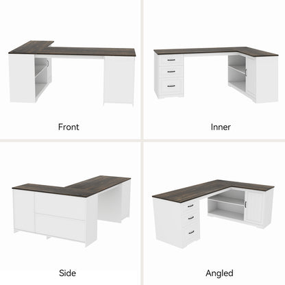 L-Shaped Executive Desk with Power Outlet, Farmhouse Computer Desk with Drawer and Storage Cabinet, White Home Office Wood Corner Table for Writing Work Study, 63 Inch Large Bedroom Workstation