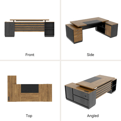Extra Large L-Shaped Executive Desk with Drawers, Oak Brown Black 78-Inch Modern Home Office Desks with Storage Cabinets, Wooden Computer Workstation Desk for Studio