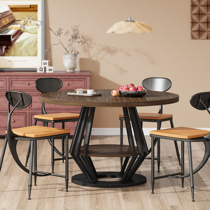 47-Inch Round Industrial Dining Table with Storage Shelf for Dining Room, 4-6 People Circle Kitchen Dinner Tables with Wood Top and Metal Frame for Living Room, Dinner Room, Black Brown Walnut