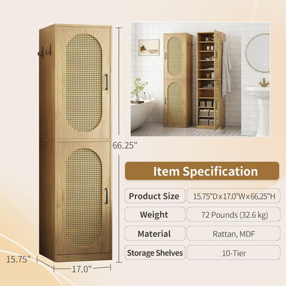 66-Inch Bathroom Storage Cabinet with Rattan Doors for Toilet, Tall Narrow Bath Room Organizer Space-Saving Floor Cabinets with Adjustable Shelves and 4 Hooks for Restroom, Small Spaces, Brown