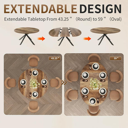 59-Inch Extendable Round Dining Table for Dining Room, 4-6 People Large Expendable Kitchen Dinner Tables with Oval Wood Top and Industrial Metal Frame for Dinner Room, Small Space, Black Brown