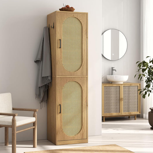 66-Inch Bathroom Storage Cabinet with Rattan Doors for Toilet, Tall Narrow Bath Room Organizer Space-Saving Floor Cabinets with Adjustable Shelves and 4 Hooks for Restroom, Small Spaces, Brown