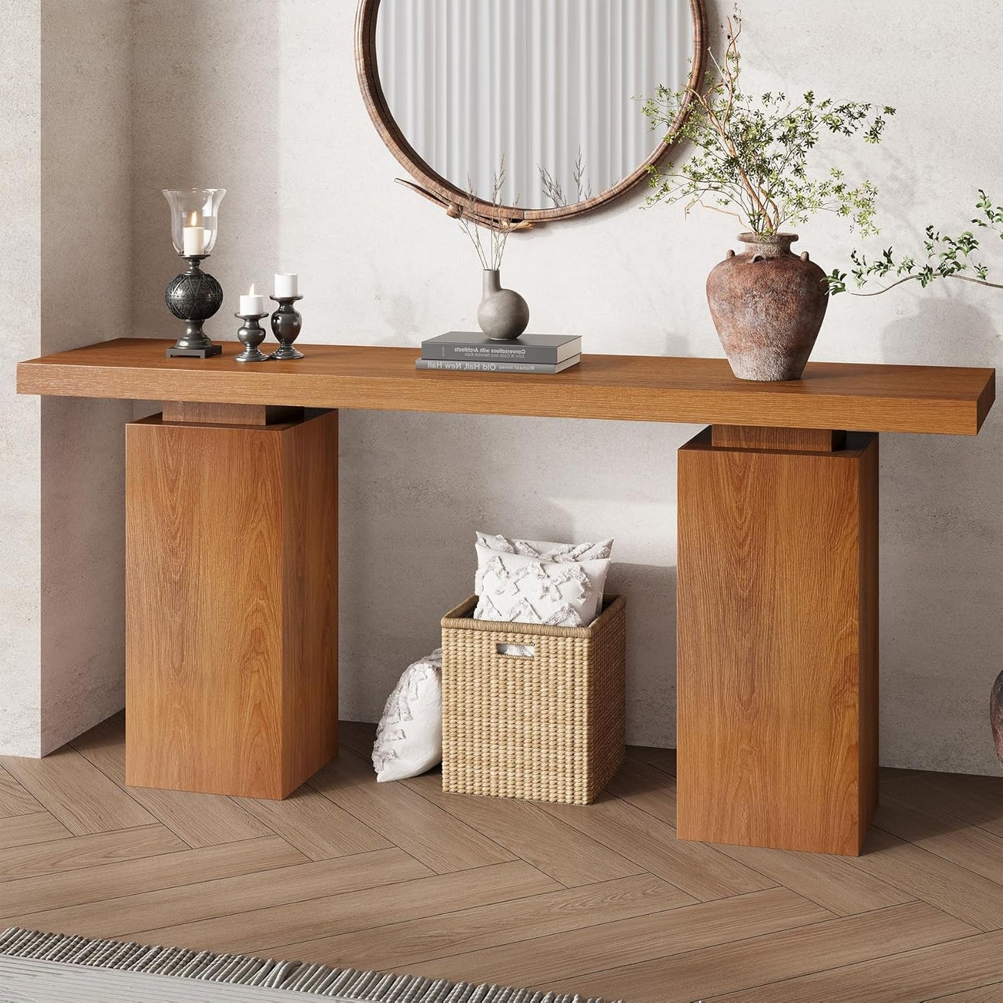 63-Inch Wood Console Table for Entryway, Farmhouse Sofa Tables Behind Couch with Wooden Grain Finish and Double Pedestal Base for Living Room, Home Hallway, Apartment Foyer, Rustic Oak Brown