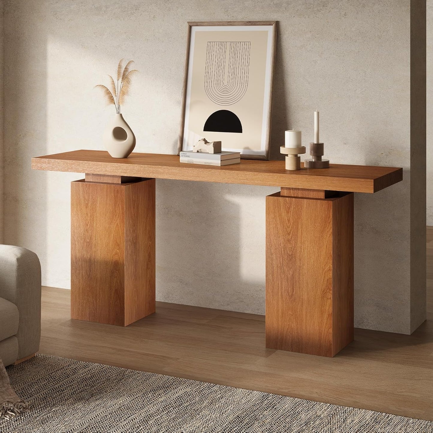63-Inch Wood Console Table for Entryway, Farmhouse Sofa Tables Behind Couch with Wooden Grain Finish and Double Pedestal Base for Living Room, Home Hallway, Apartment Foyer, Rustic Oak Brown