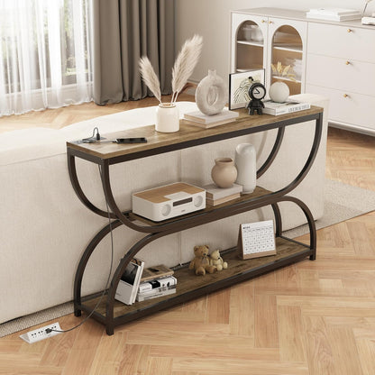 55-Inch Console Table with Power Outlet for Entryway, Industrial 3-Tier Sofa Tables with Wood Storage Shelves and Sturdy Metal Frame for Living Room, Behind Couch, Hallway, Black Rustic Brown