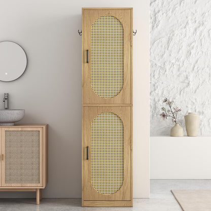 66-Inch Bathroom Storage Cabinet with Rattan Doors for Toilet, Tall Narrow Bath Room Organizer Space-Saving Floor Cabinets with Adjustable Shelves and 4 Hooks for Restroom, Small Spaces, Brown