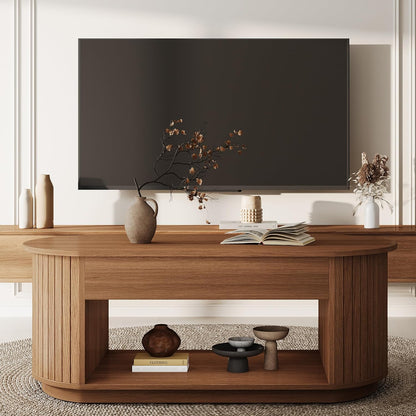 47-Inch Lift Top Wood Coffee Table with Hidden Storage Compartment and Open Shelf for Living Room, Fluted Oval Center Tea Table with Wooden Lift-Top for Apartment, Small Space, Light Brown Oak