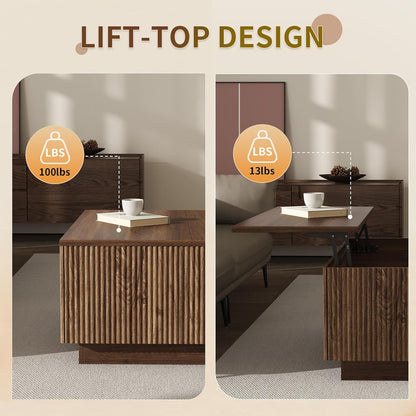 Lift Top Square Wood Coffee Table with Hidden Storage Compartment for Living Room, 31-Inch Farmhouse Fluted Center Tea Table with Wooden Lift-Top for Home, Apartment, Small Space, Brown Walnut