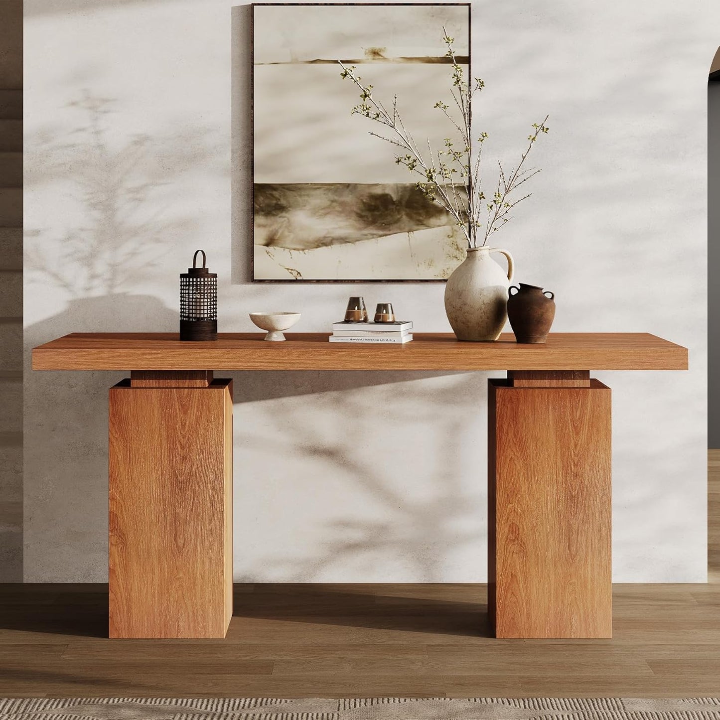 63-Inch Wood Console Table for Entryway, Farmhouse Sofa Tables Behind Couch with Wooden Grain Finish and Double Pedestal Base for Living Room, Home Hallway, Apartment Foyer, Rustic Oak Brown