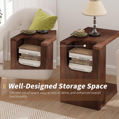 23-Inch C-Shaped End Table with Storage for Couch, Farmhouse Wood Sofa Side Tables, Small Narrow Nightstand with Open Shelf for Living Room, Small Spaces, Bedside, Bedroom, Dark Brown Walnut