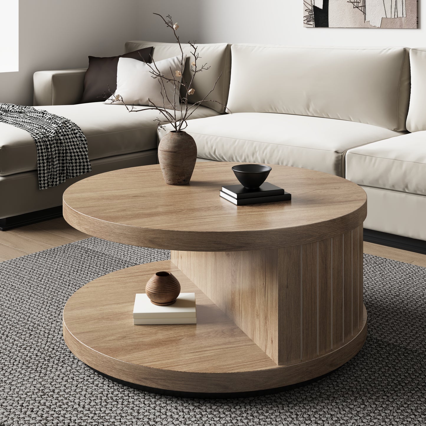 31-Inch Round Coffee Tables for Living Room, Wood Center Tea Tables with Open Shelf, Aesthetics Fluted Circle Coffee Table with Storage for Home Office, Natural Oak Brown