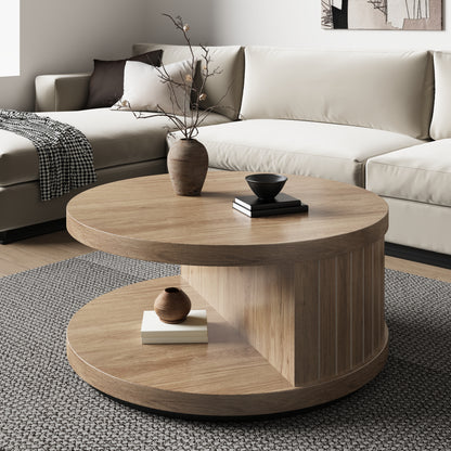 31-Inch Round Coffee Tables for Living Room, Wood Center Tea Tables with Open Shelf, Aesthetics Fluted Circle Coffee Table with Storage for Home Office, Natural Oak Brown