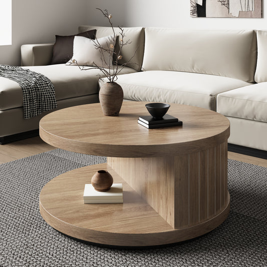 31-Inch Round Coffee Tables for Living Room, Wood Center Tea Tables with Open Shelf, Aesthetics Fluted Circle Coffee Table with Storage for Home Office, Natural Oak Brown