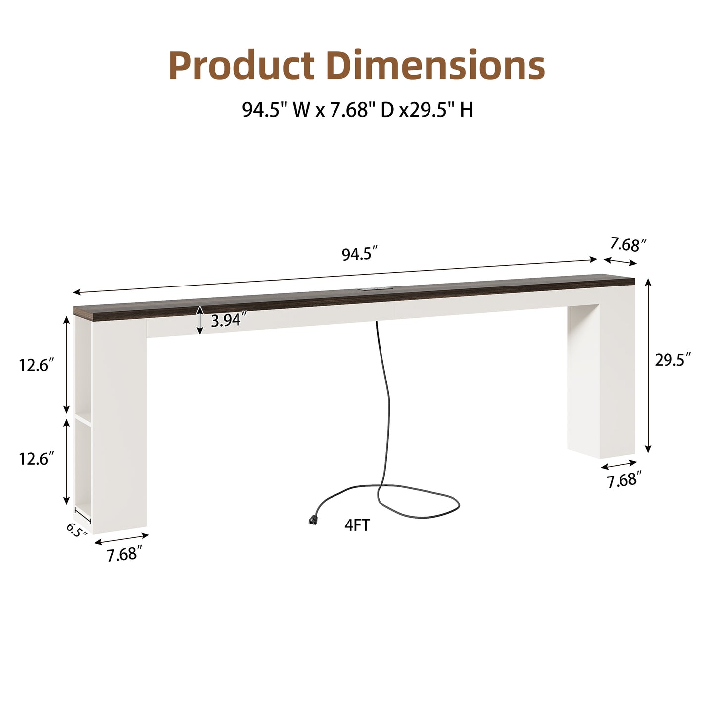 94.5" Narrow Console Table with USB Charging & Side Shelves, White | Extra Long Narrow Console, 94.5"L, Behind Sofa Table with Outlet & Storage Shelf, Skinny for Entryway Hallway
