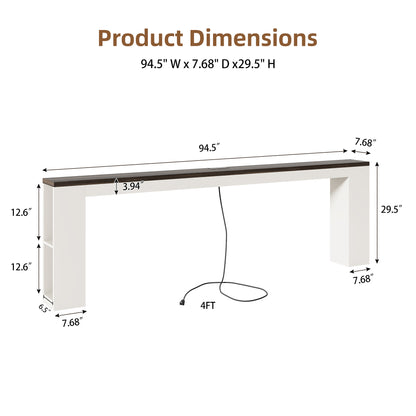 94.5" Narrow Console Table with USB Charging & Side Shelves, White | Extra Long Narrow Console, 94.5"L, Behind Sofa Table with Outlet & Storage Shelf, Skinny for Entryway Hallway