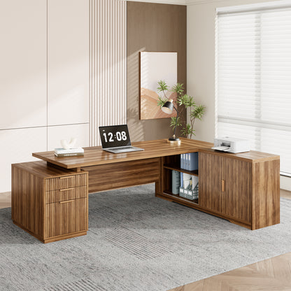 78 Inch L-Shaped Executive Desk with Drawer, Large Home Office Desk with File Cabinet, Modern Fluted Computer Table with Storage Open Shelves, Wood Business Furniture for Boss, Oak Brown