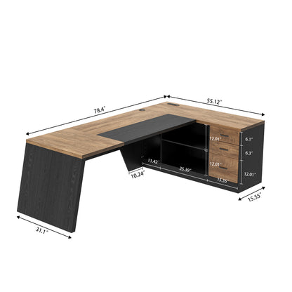 Epecoya L-Shaped Executive Desk with Drawer, Large Modern Home Office Desk with Cord Hold and Power Outlet, Big Wooden Business Furniture with Lateral File Cabinet for CEO Boss, Oak Black