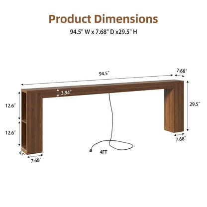 94.5" Narrow Console Table with USB Charging & Side Shelves, Walnut | Extra Long Thin Table for Behind Sofa Couch,Entryway, Hallway,94.5"W x 12"D x 31.5"H, Walnut Wood, USB Ports Charging
