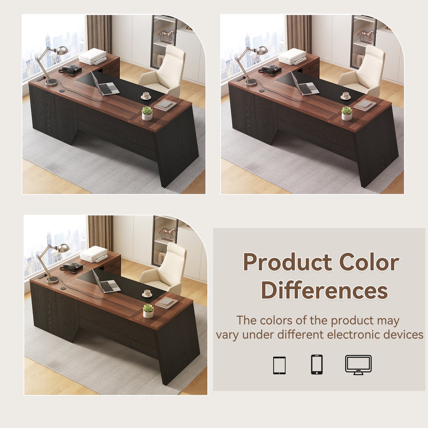 L-Shaped Executive Desk with Power Outlet, 78-Inch Large Office Desk with Storage Drawer and Lateral File Cabinet, Modern Computer Table with Open Shelf and PC Stand for Home Office Study, Brown Black