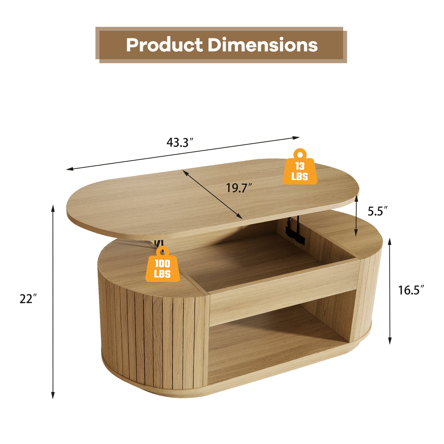 Oval Lift Coffee Table, 43 Inch Lift Top Coffee Table with Storage for Living Room, 2-Tier Rustic Lift Up Tabletop Mid Century Center Tables with Hidden Compartment for Apartment, Light Oak Brown