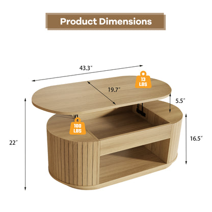 Oval Lift Coffee Table, 43 Inch Lift Top Coffee Table with Storage for Living Room, 2-Tier Rustic Lift Up Tabletop Mid Century Center Tables with Hidden Compartment for Apartment, Light Oak Brown