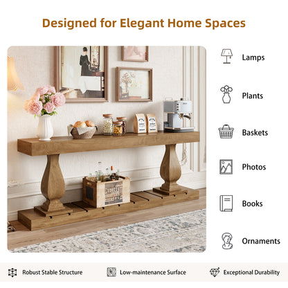 70 Inch Wood Console Table for Entryway, Extra Long Sofa Table Behind Couch, Rustic Farmhouse Entry Style with Bottom Shelf and Vintage Curved Legs for Living Room, Hallway