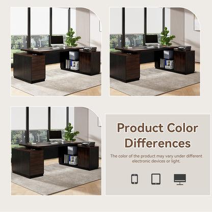 Epecoya L Shape Executive Desk with Drawers and Storage Cabinet, Wooden Executive Office Desk for Home, Large Computer Table with Lateral File Cabinet for Studio, Dark Brown Black