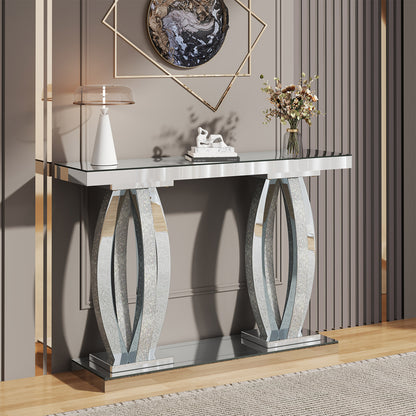 47-Inch Modern Mirrored Console Table with Crushed Diamond Finish for Living Room Entryway, Contemporary Mirror Sofa Tables with Silver Glass Top for Hallway Behind Couch, Silver