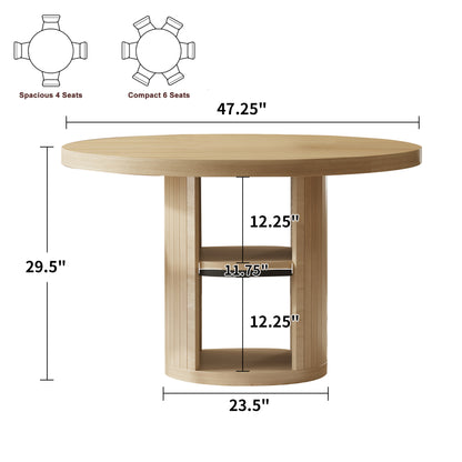 47-Inch Round Wood Dining Table with Open Storage Shelves for Dining Room, 4-6 People Farmhouse Circle Kitchen Dinner Tables with Fluted Design for Living Room, Apartments, Light Oak Brown