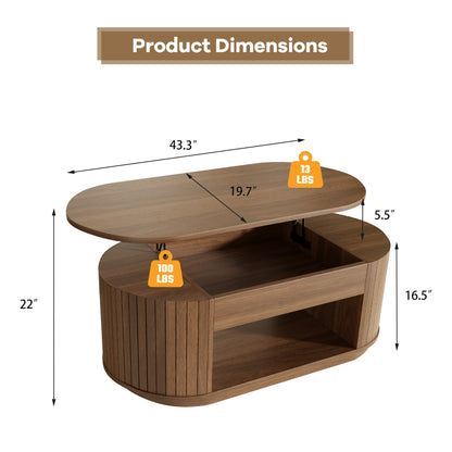 Lift Top Coffee Table, Oval Fluted Coffee Table with Storage for Living Room, Mid Century Modern Wooden Center Tables with 2 Tier Shelf, 43 Inch Tea Table Hidden Compartment for Home Office, Walnut