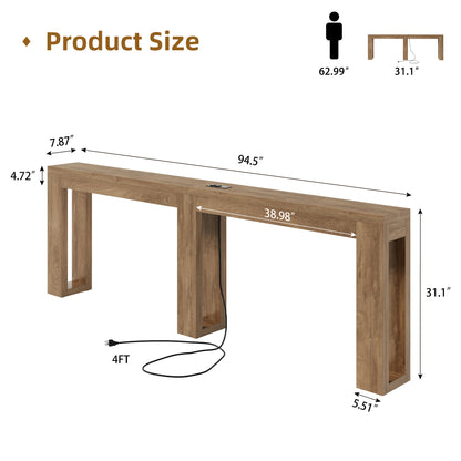 94.5'' Extra Long Console Table, Narrow Sofa Behind Couch Table with Outlet Skinny Entryway Table with USB Charging, Farmhouse Wood Foyer Table for Hallway, Living Room, Natural Oak