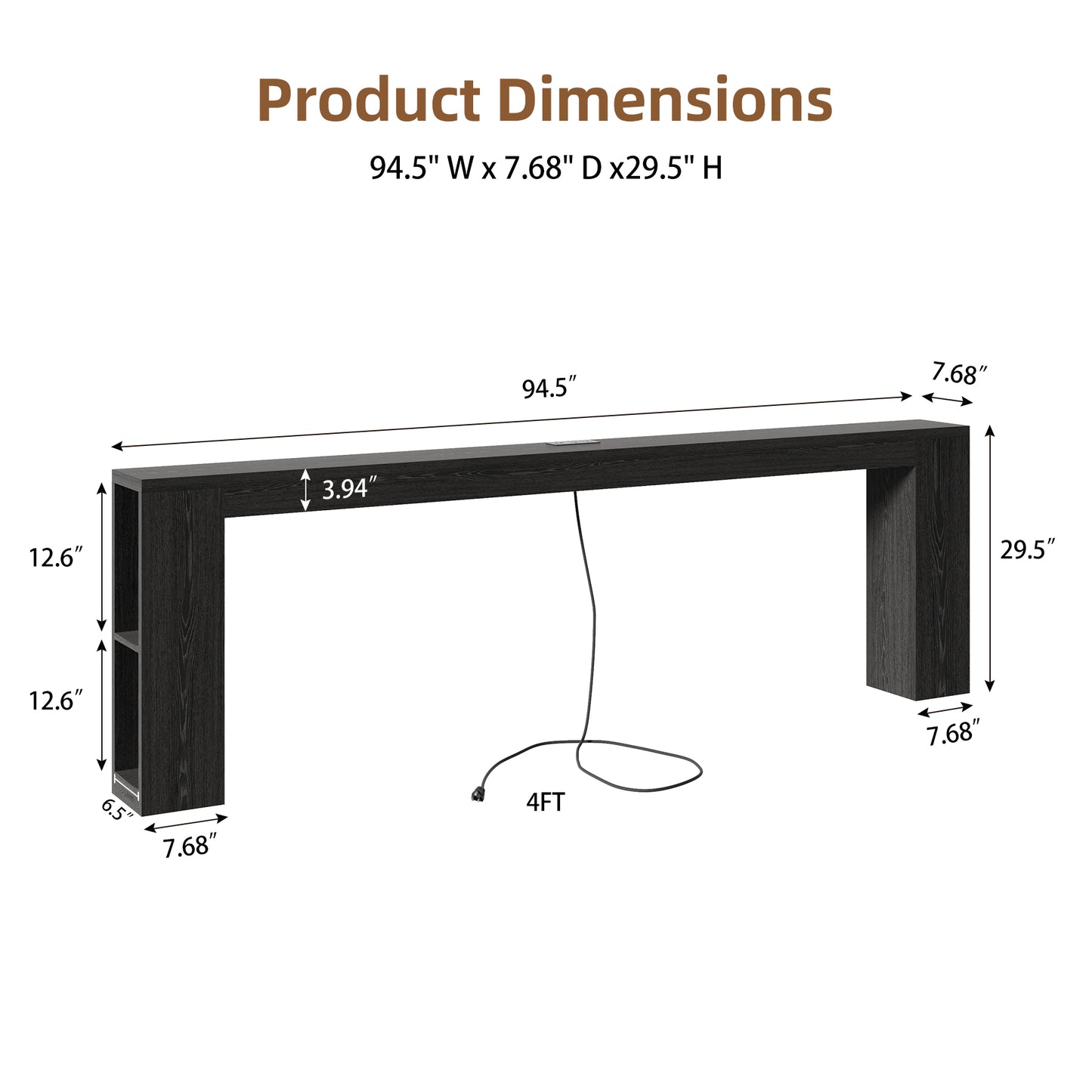 94.5" Narrow Console Table with USB Charging & Storage, Black | 94.5"Extra Long Slim, Behind Sofa Couch Table with Outlet, Black Wood Finish, for Entryway,Hallway, Easy Assembly