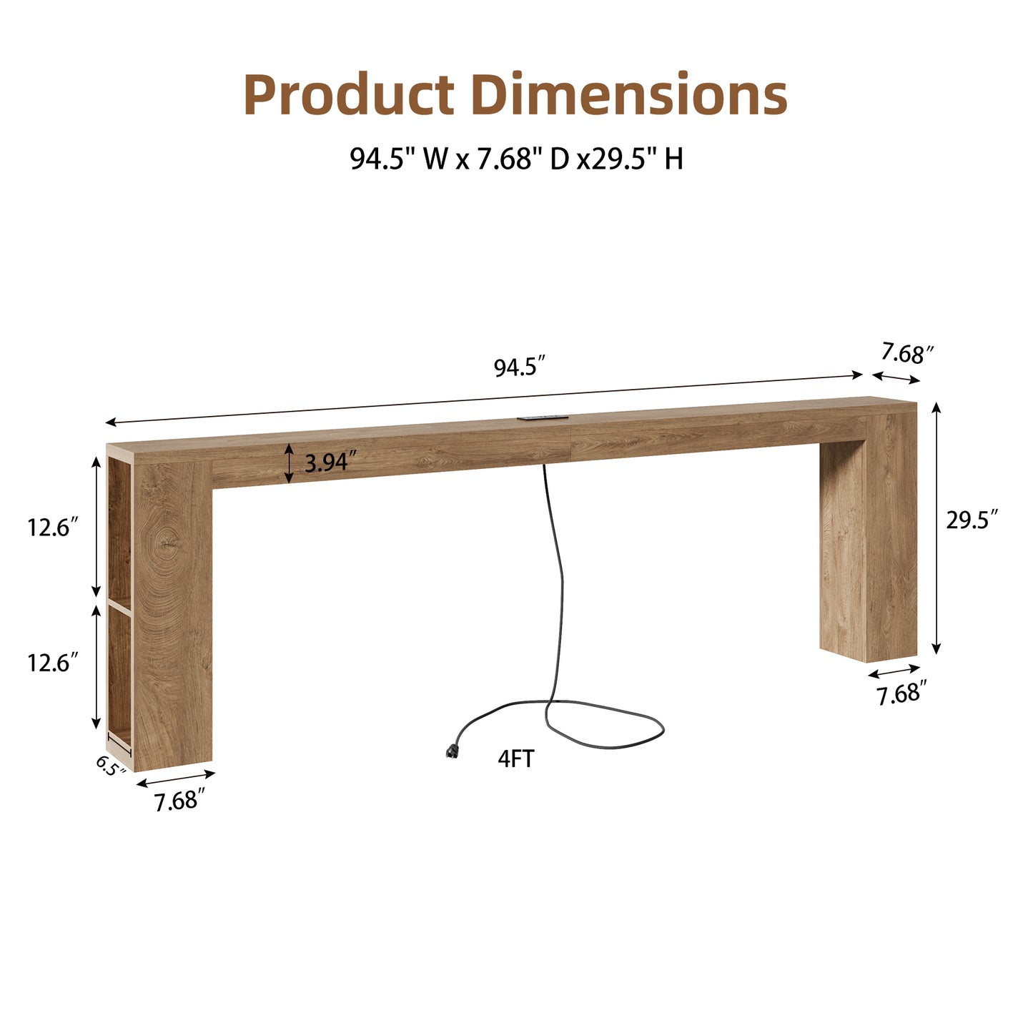 94.5-Inch Extra Long Console Table with USB Outlet & Storage, Narrow Sofa Behind Couch Table with Charging Station, Farmhouse Wood Entryway Table for Hallway Foyer Living Room, Oak Brown