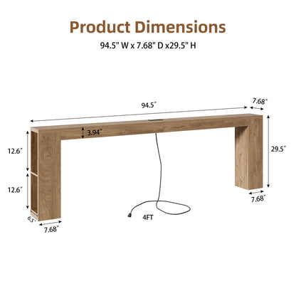 94.5-Inch Extra Long Console Table with USB Outlet & Storage, Narrow Sofa Behind Couch Table with Charging Station, Farmhouse Wood Entryway Table for Hallway Foyer Living Room, Oak Brown