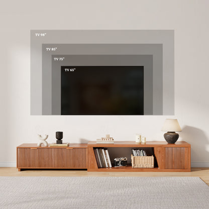 Epecoya Extendable TV Stand with Storage Cabinet Wooden, Mid Century Modern TV Stand with Adjustable Shelf and Drawers, Extra Long TV Stands for Living Room Fluted, Warm Brown Oak (64.57" W-98.43" W)