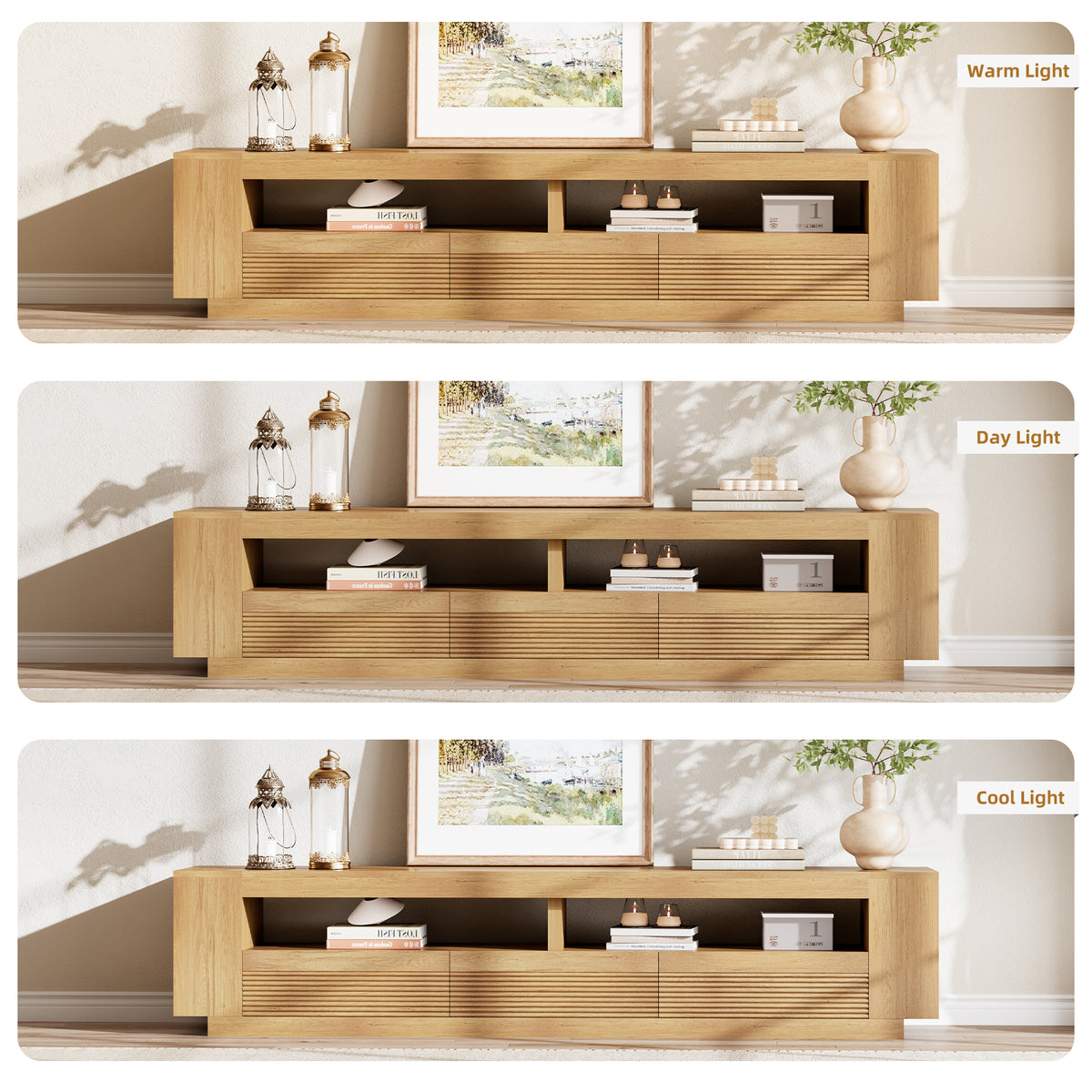86-in Fluted TV Stand for Living Room with LED Lights, Light Oak Modern Media Console with 3 Drawers & Open Shelves, Large Entertainment Center for TVs up to 85 In for Living Room