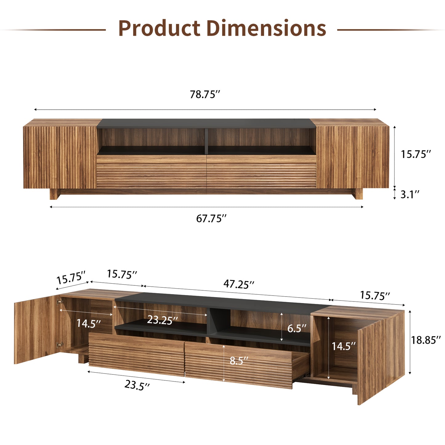 78.8 Inch TV Stand with Storage Cabinets for Living Room, TVs Media Console Entertainment Center with Drawers, Wood Fluted Television Stands with Open Shelves for Bedroom, Dark Brown Walnut