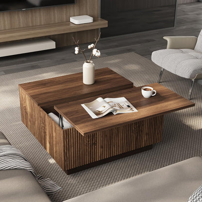 Lift Top Square Wood Coffee Table with Hidden Storage Compartment for Living Room, 31-Inch Farmhouse Fluted Center Tea Table with Wooden Lift-Top for Home, Apartment, Small Space, Brown Walnut
