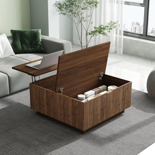 Lift Top Square Wood Coffee Table with Hidden Storage Compartment for Living Room, 31-Inch Farmhouse Fluted Center Tea Table with Wooden Lift-Top for Home, Apartment, Small Space, Brown Walnut