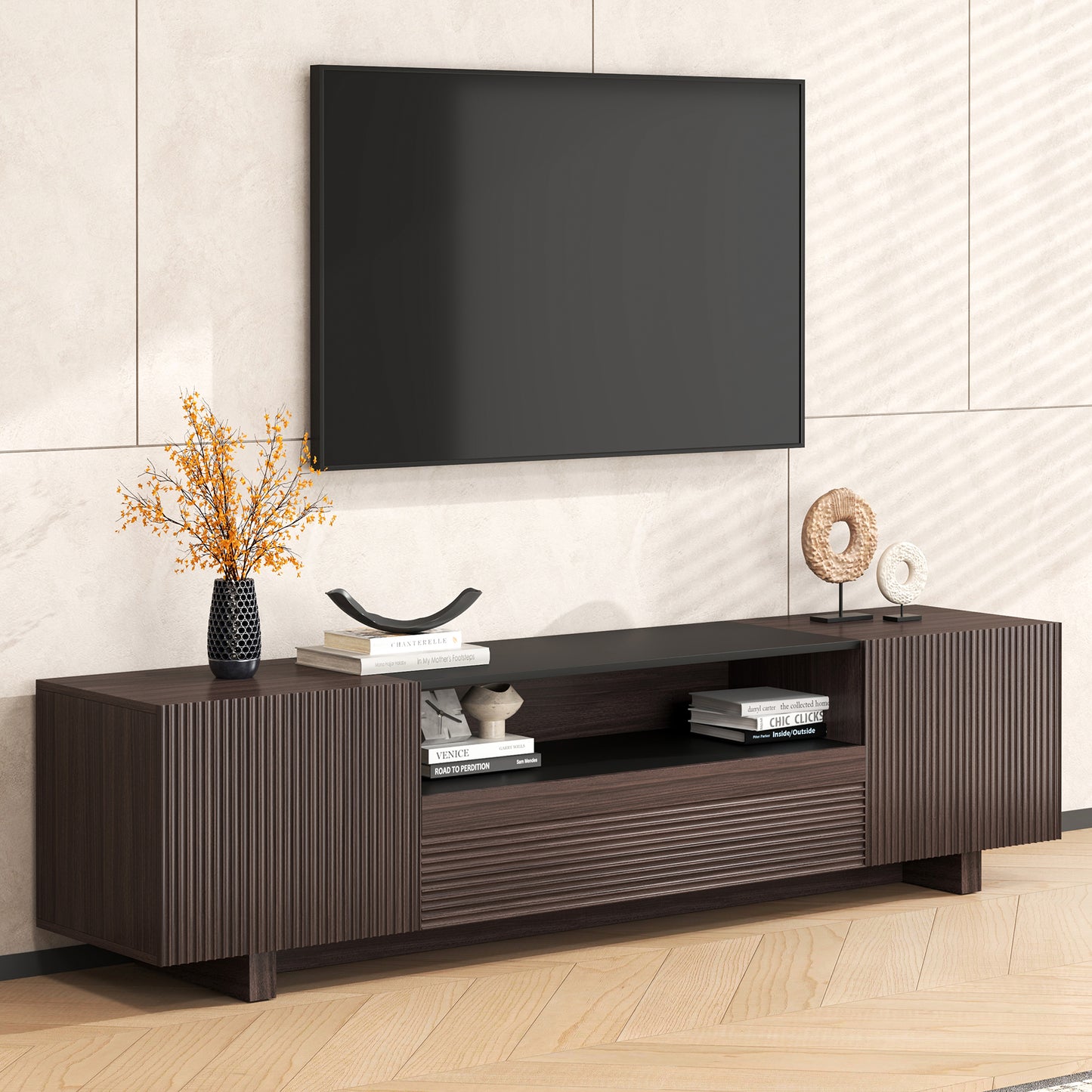 Epecoya TV Stand with Storage Cabinets for Living Room, Modern Wood Fluted TVs Media Console for 55/60/65 Inch TVs, Mid Century Television Stands with Drawer and Open Shelve for Bedroom, Dark Walnut