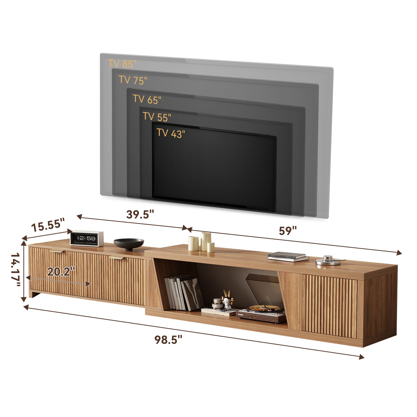 Extendable TV Stand with Storage Cabinet for Living Room, 98.5-Inch Extra Long TVs Media Console Wood Fluted Television Stands with Adjustable Shelf and Drawers for Bedroom, Rustic Brown (63"W-98.5"W)