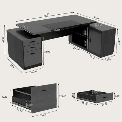 Epecoya L Shaped Desk with Drawers for Home, 78-Inch Executive Office Desk with Power Outlet, Large Home Office Desks with Open Shelf and Storage Cabinet for Home, Grey Black