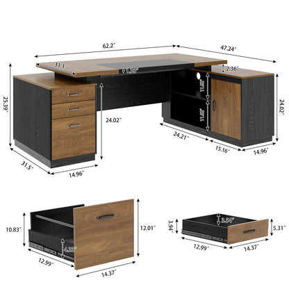Extra Large L-Shaped Executive Desk with Drawers, Oak Brown Black 78-Inch Modern Home Office Desks with Storage Cabinets, Wooden Computer Workstation Desk for Studio
