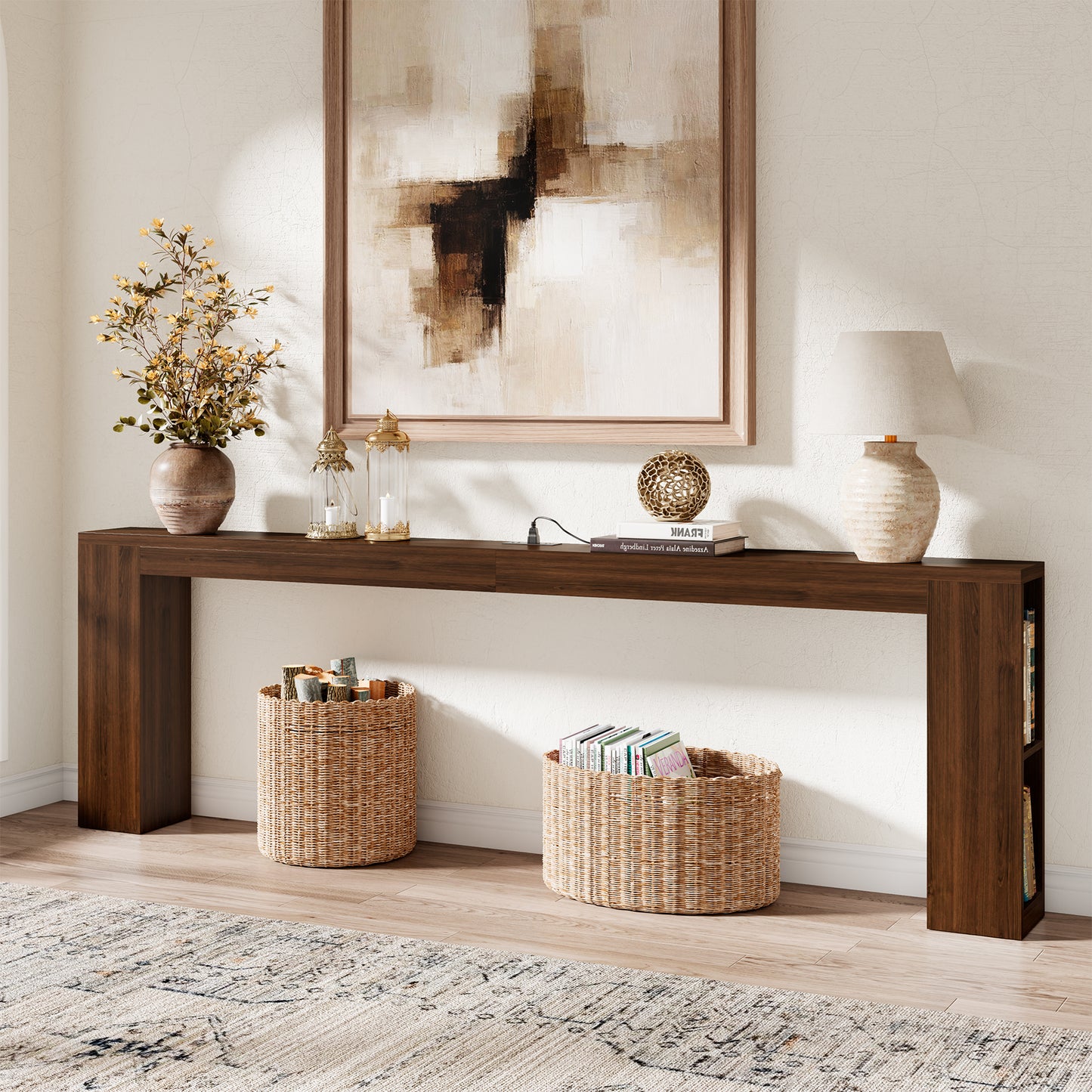 94.5" Narrow Console Table with USB Charging & Side Shelves, Walnut | Extra Long Thin Table for Behind Sofa Couch,Entryway, Hallway,94.5"W x 12"D x 31.5"H, Walnut Wood, USB Ports Charging