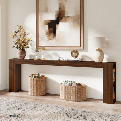 94.5" Narrow Console Table with USB Charging & Side Shelves, Walnut | Extra Long Thin Table for Behind Sofa Couch,Entryway, Hallway,94.5"W x 12"D x 31.5"H, Walnut Wood, USB Ports Charging