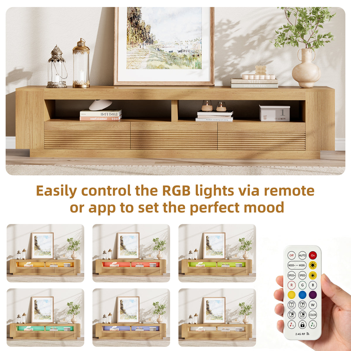 86-in Fluted TV Stand for Living Room with LED Lights, Light Oak Modern Media Console with 3 Drawers & Open Shelves, Large Entertainment Center for TVs up to 85 In for Living Room